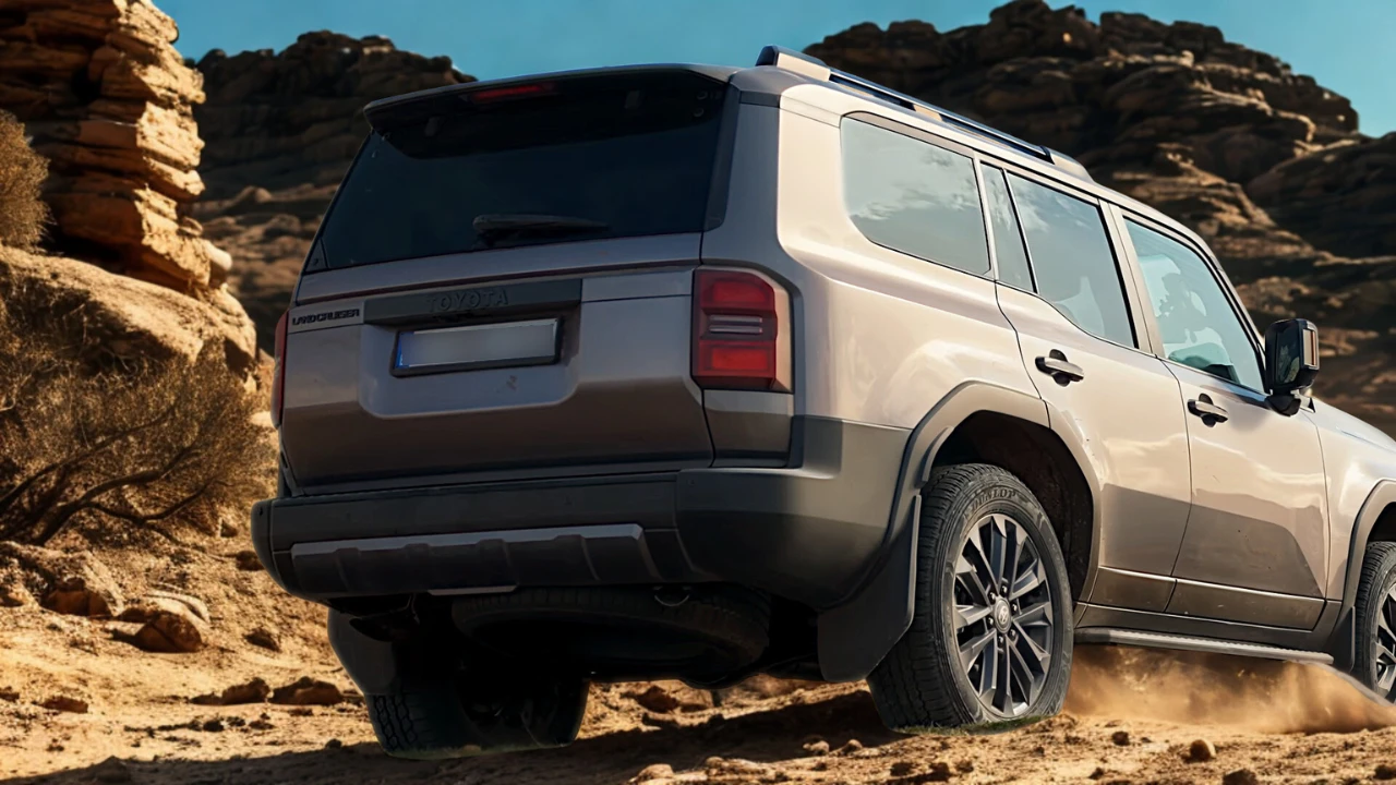 Achter driekwart aanzicht van witte 2025 Toyota Land Cruiser SUV klimmend over rotsachtig woestijnterrein met bergen op de achtergrond