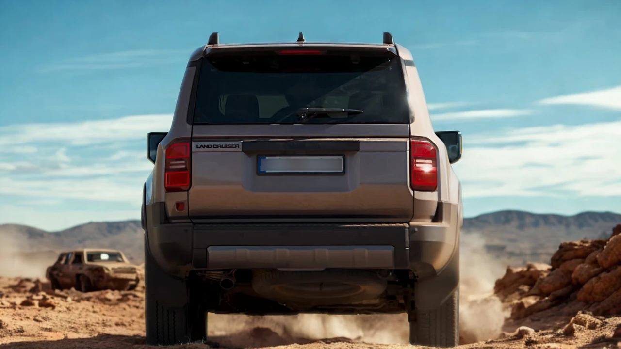 Achteraanzicht van 2025 Toyota Land Cruiser met "LAND CRUISER" embleem, rijdend in woestijn met ander voertuig volgend erachter