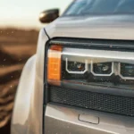 Close-up van 2025 Toyota Land Cruiser LED koplamp assemblage met kenmerkend drie-unit design en amber richtingaanwijzer, voertuig in beweging met stof effecten