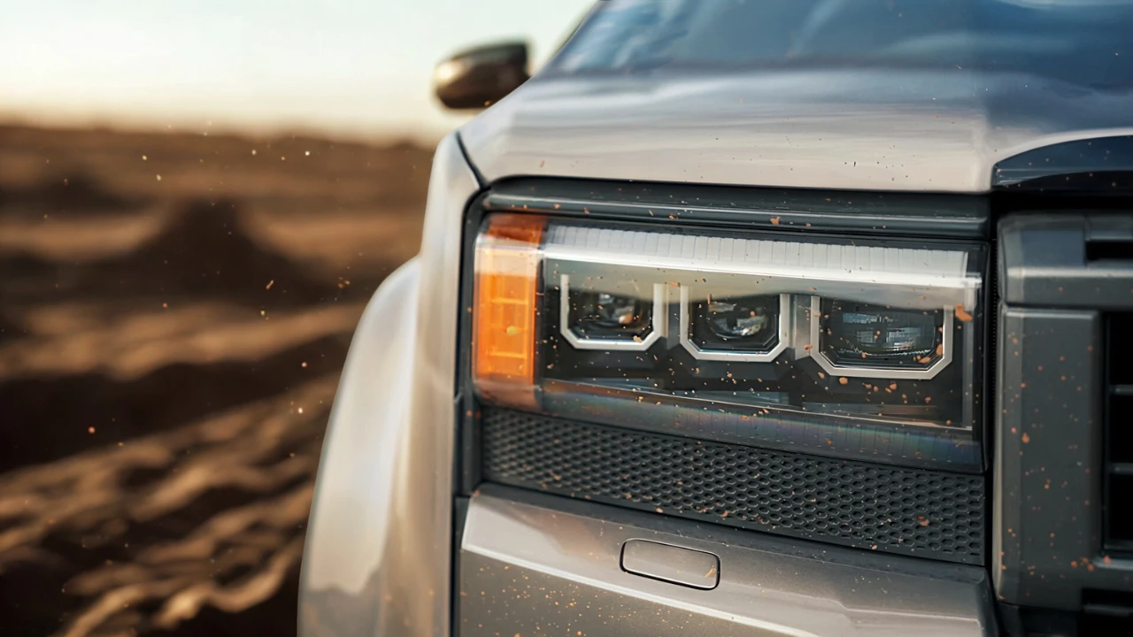 Close-up van 2025 Toyota Land Cruiser LED koplamp assemblage met kenmerkend drie-unit design en amber richtingaanwijzer, voertuig in beweging met stof effecten