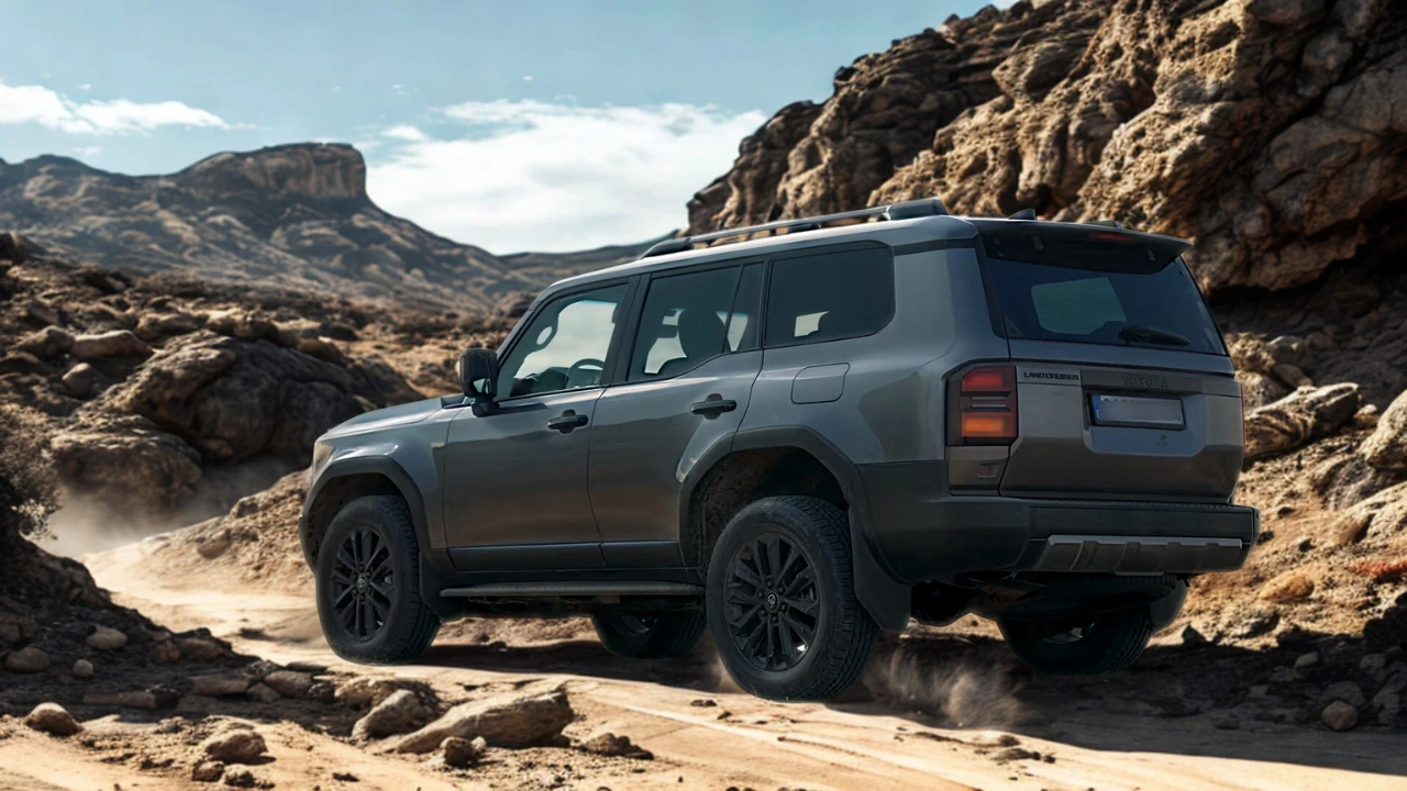 Achter driekwart aanzicht van donkergrijze 2025 Toyota Land Cruiser klimmend over grote rotsen in woestijnlandschap met bergen zichtbaar in de verte