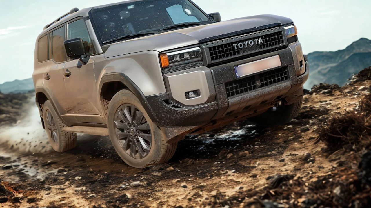 Voor driekwart hoek van beige 2025 Toyota Land Cruiser klimmend op steile rotsachtige helling met stofwolken, demonstrerend off-road prestatie