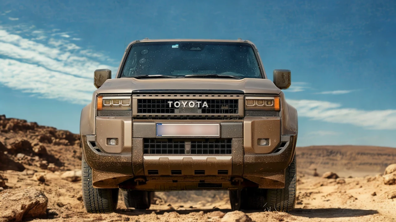 Direct vooraanzicht van beige 2025 Toyota Land Cruiser met kenmerkende grille, TOYOTA letters, en LED koplampen gepositioneerd in zanderige woestijn omgeving