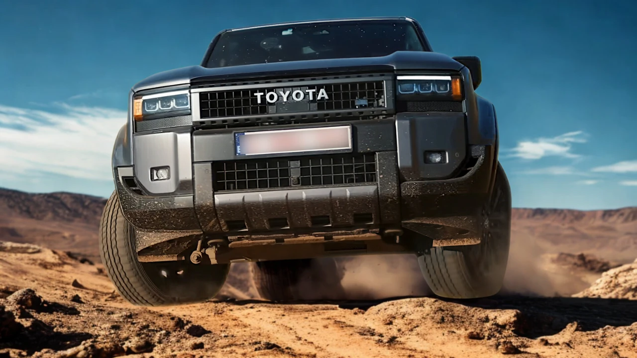 Vooraanzicht van 2025 Toyota Land Cruiser rijdend door zanderig woestijnterrein met stofwolken, met prominente Toyota grille en LED koplamp design