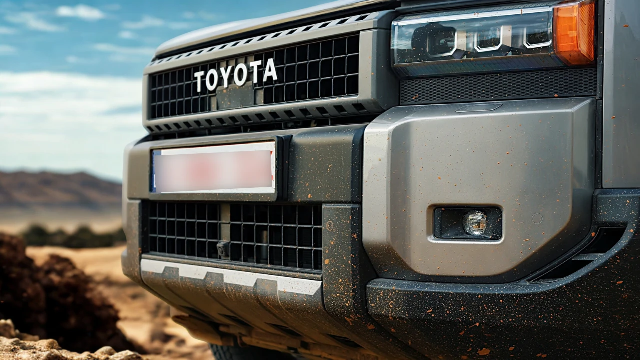 Close-up van 2025 Toyota Land Cruiser voorkant tonend kenmerkende zwarte grille met TOYOTA letters en moderne LED koplamp units