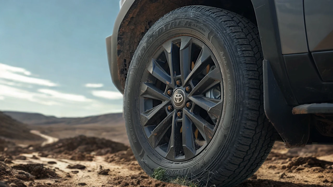 Gedetailleerde close-up opname van 2025 Toyota Land Cruiser lichtmetalen velg met multi-spaak design en geknobbelde terreinband