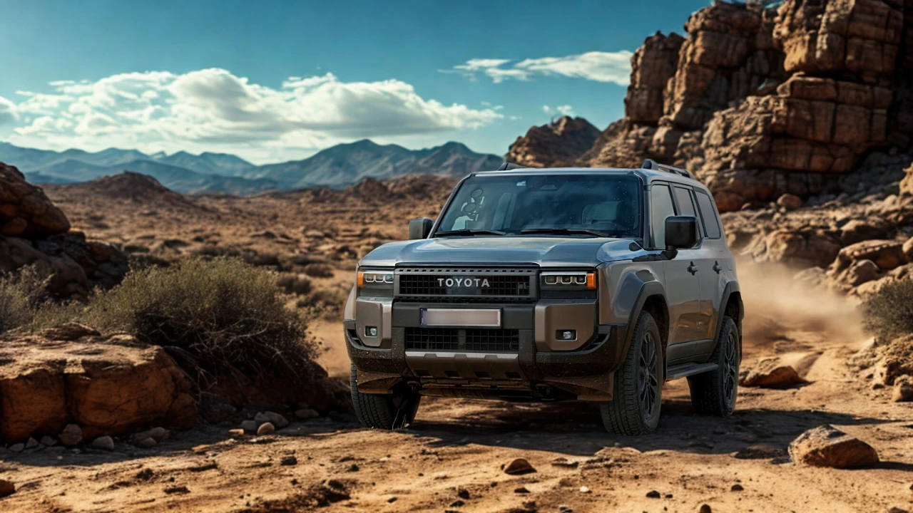 Zijprofiel aanzicht van grijze 2025 Toyota Land Cruiser gepositioneerd in woestijn setting met dramatische rotsachtige bergen en bewolkte lucht op achtergrond