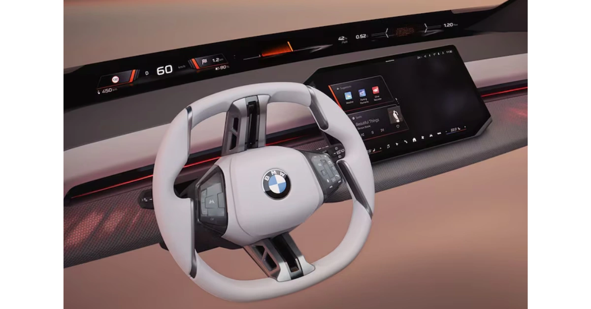 Het futuristische cockpitontwerp van BMW's Neue Klasse met het pilaar-tot-pilaar display en herontworpen stuurwiel