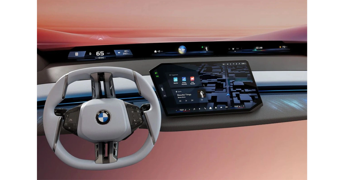 Compleet overzicht van BMW's nieuwe generatie dashboard met het Panoramisch Vision systeem en centrale infotainment display