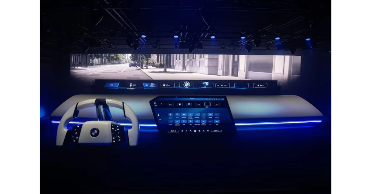Stedelijke omgeving demonstratie van BMW's Panoramisch Vision met blauwe ambianceverlichting en widget-interface