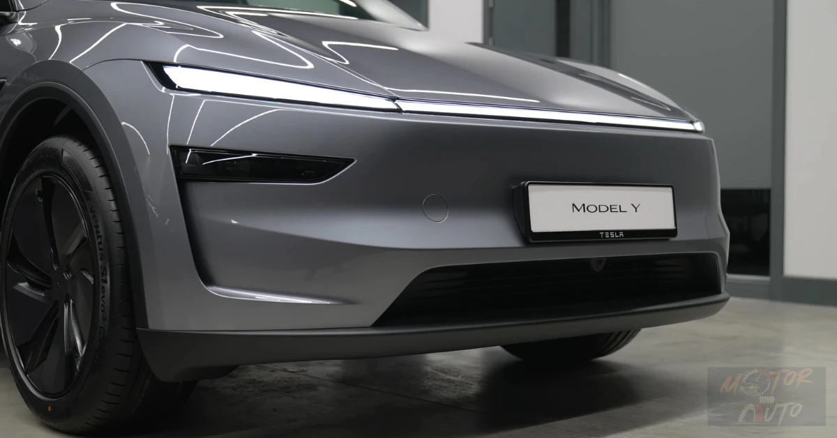 Close-up van de voorzijde van de 2025 Model Y met nieuwe LED-lichtstrip, aerodynamische ventilatieopeningen en frontcamera-integratie