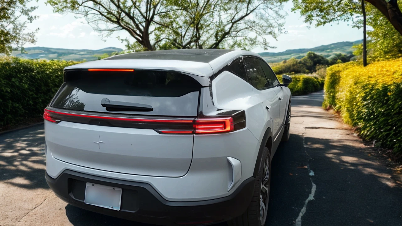 Witte 2025 Polestar 3 elektrische SUV achter-driekwart aanzicht op landelijke weg met heuvels en plattelandslandschap op de achtergrond