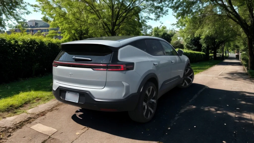 Witte 2025 Polestar 3 elektrische SUV achteraanzicht op parkpad omgeven door groene bomen en landschapsarchitectuur