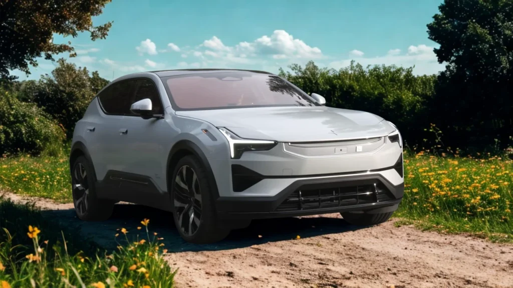 Witte 2025 Polestar 3 elektrische SUV voor-driekwart aanzicht in veld met gele wilde bloemen onder blauwe hemel
