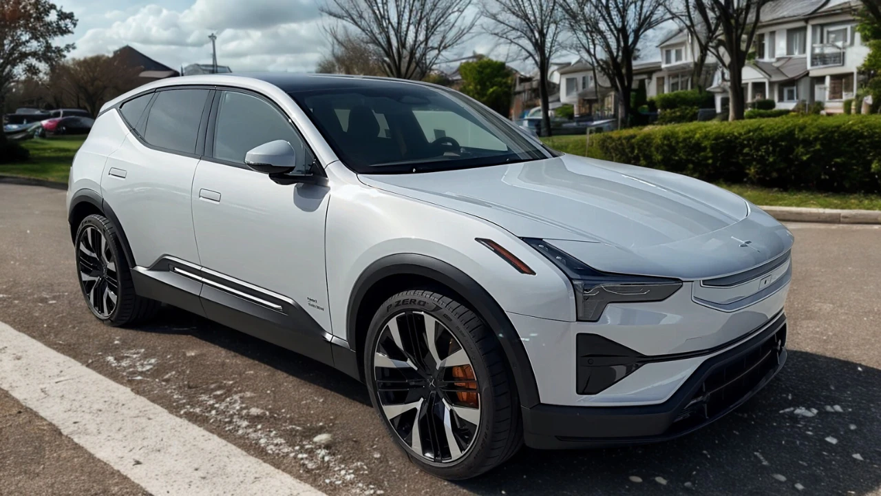 Witte 2025 Polestar 3 elektrische SUV zijprofielaanzicht in woonstraat met huizen en bomen op de achtergrond