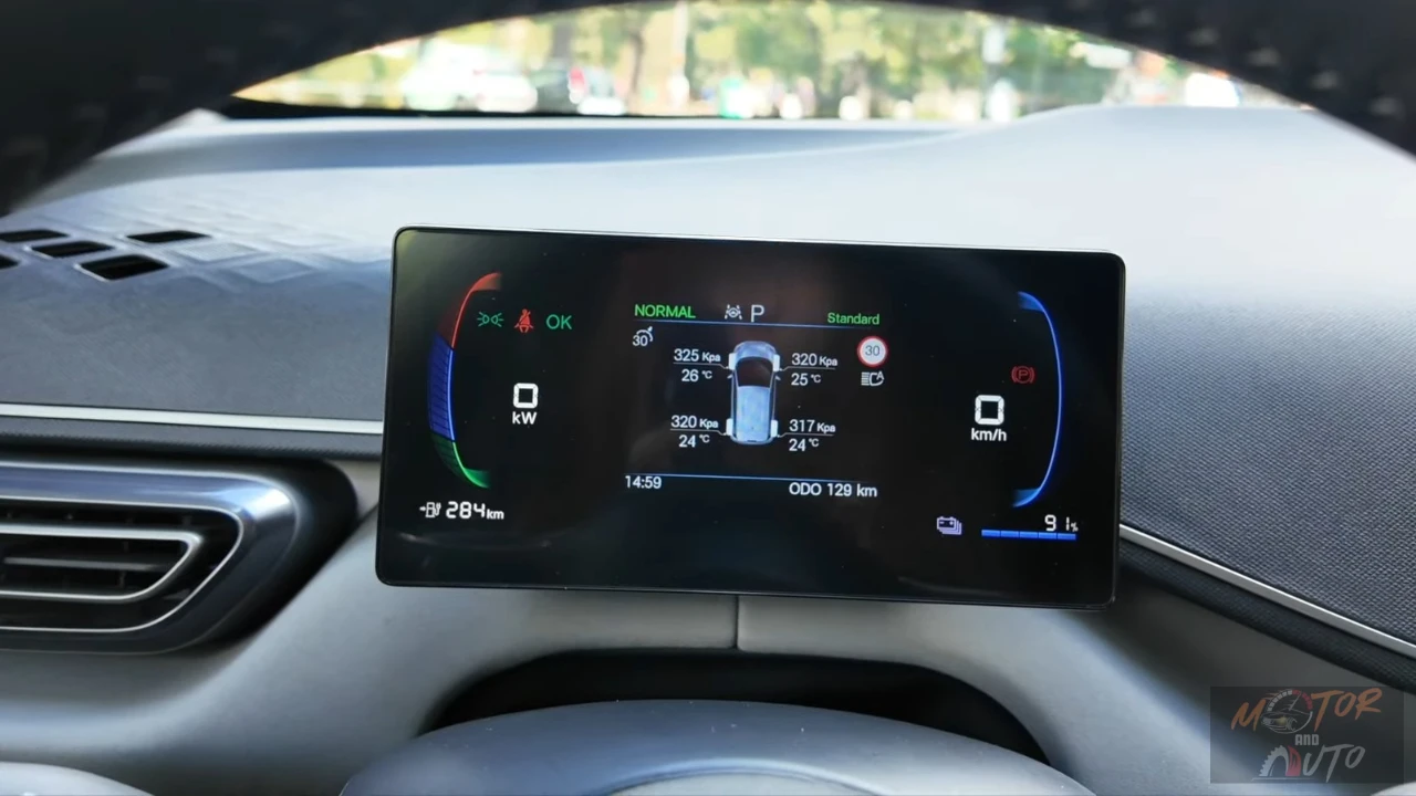 2025 BYD Dolphin Surf digitaal dashboard met 7-inch TFT instrumentencluster met batterijniveau, actieradiusweergave, rijmodus-indicator en energieverbruiksmetrieken