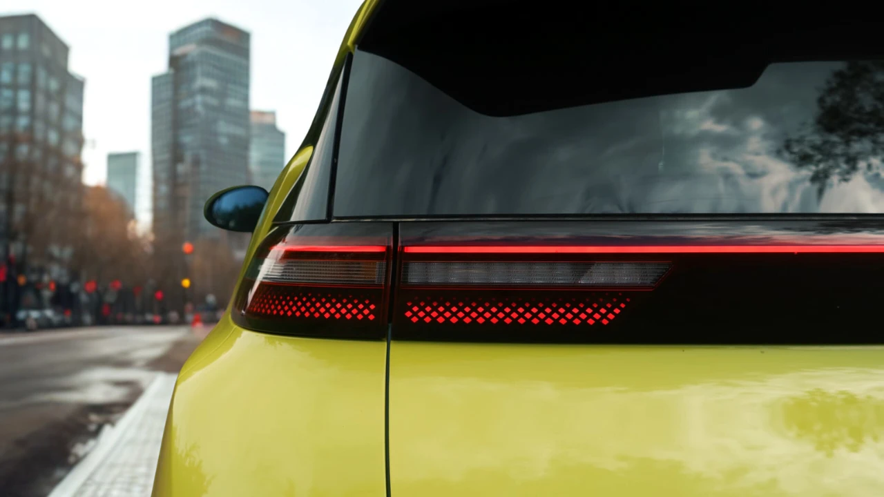 Detailzicht van 2025 BYD Dolphin Surf LED-achterlichten met horizontale lichtbalk ontwerp met geometrische patronen