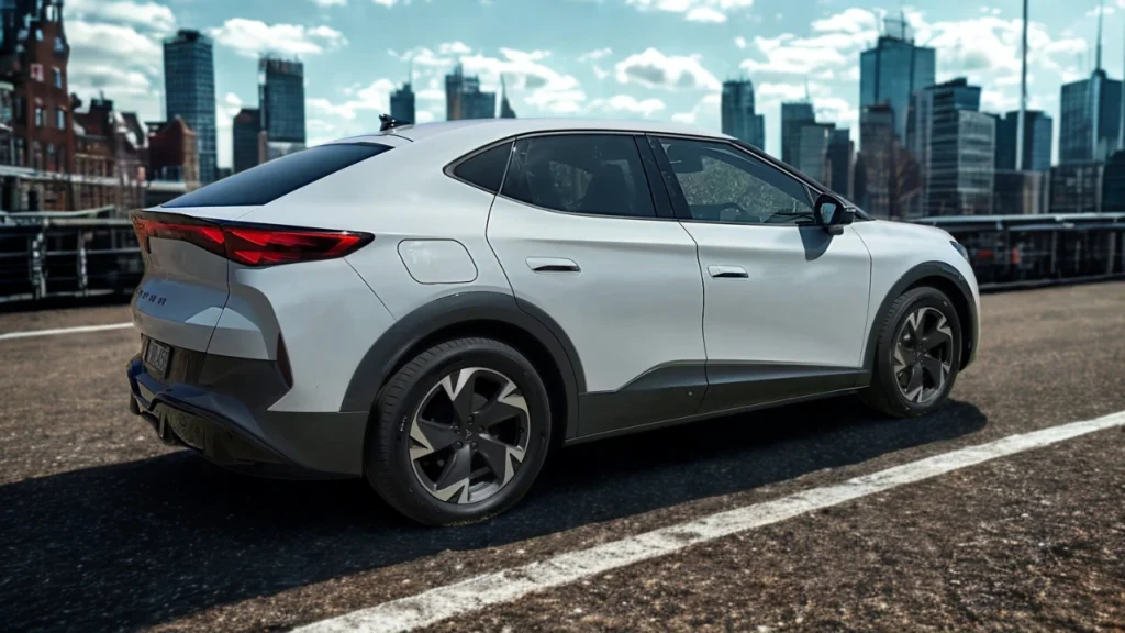 2025 CUPRA Tavascan achter driekwart aanzicht met LED-lichtbalk en sportief achterontwerp tegen stedelijke achtergrond