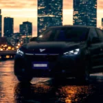2025 CUPRA Tavascan 's nachts met verlichte LED-koplampen en CUPRA-badge tegen stadsverlichting