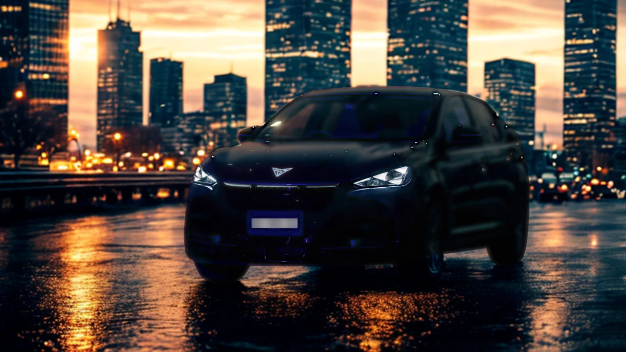 2025 CUPRA Tavascan 's nachts met verlichte LED-koplampen en CUPRA-badge tegen stadsverlichting