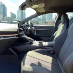 Gedetailleerd aanzicht van de 2025 CUPRA Tavascan's ondersteunende kuipstoelen met Dinamica Space Blue suède-look bekleding en koperen accent stiksel.