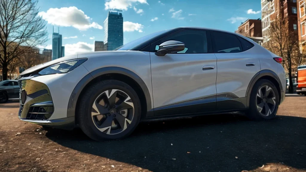 2025 CUPRA Tavascan zijprofiel aanzicht met coupe SUV-ontwerp met gebeeldhouwde carrosseriepanelen en sportieve houding