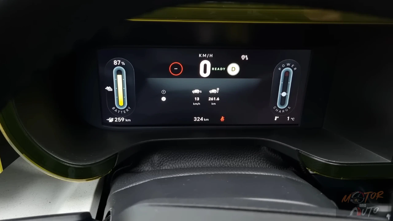 Digitaal instrumentencluster van de 2025 Fiat Grande Panda E met elektrische voertuig informatie inclusief 87% batterijlading, 259km resterende actieradius van 320km WLTP gecombineerd bereik, met vermogen en laad-indicatoren prominent weergegeven.