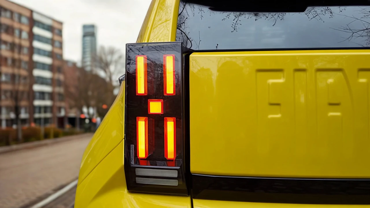 Gedetailleerd aanzicht van het kenmerkende LED-achterlicht ontwerp van de 2025 Fiat Grande Panda E met verlicht geometrisch patroon, dat de moderne verlichtingstechnologie en ontwerpelementen van dit elektrische voertuig toont.