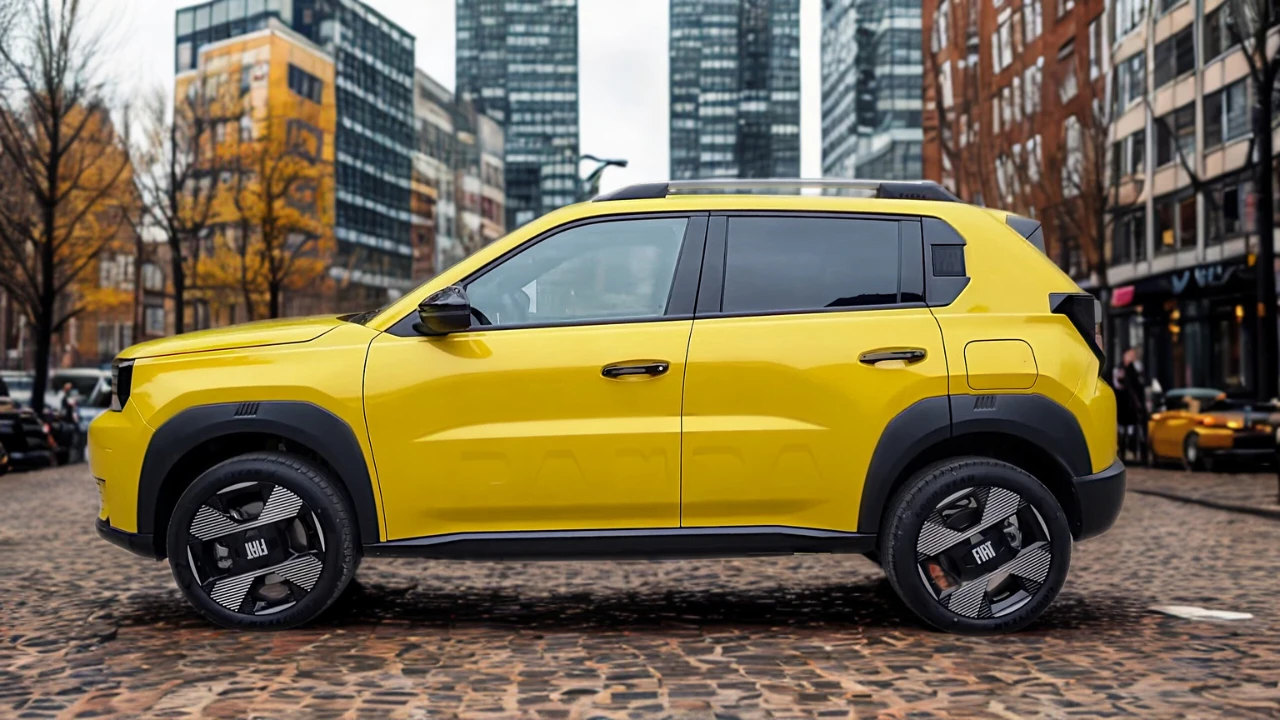 Zijprofiel van de 2025 Fiat Grande Panda E in Limone Geel metallic, met zijn 3999mm lengte, verhoogde SUV-houding, zwarte dakrails en moderne elektrische voertuig verhoudingen met kenmerkende zwarte bekleding en deurgrepen.