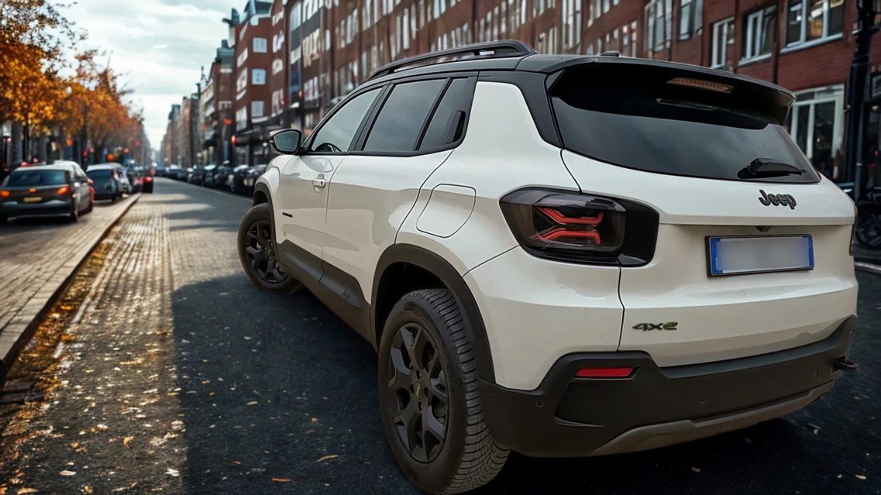 Achterzijde driekwart aanzicht van witte 2025 Jeep Avenger toont LED achterlichten met X-patroon, 4xe badge en compacte stadsgepaste verhoudingen