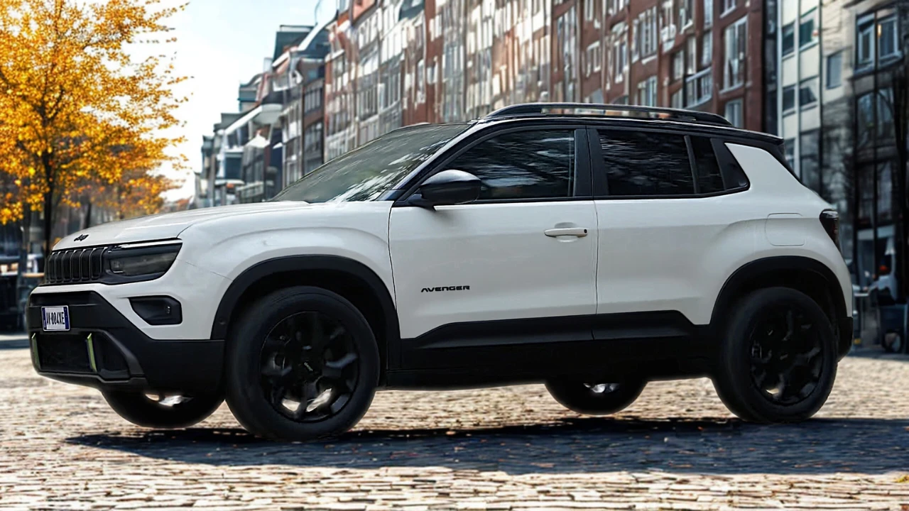 Zijprofiel van de 2025 Jeep Avenger toont zijn compacte SUV verhoudingen met 2.557mm wielbasis, verhoogde rijhoogte en beschermende carrosseriebekleding.