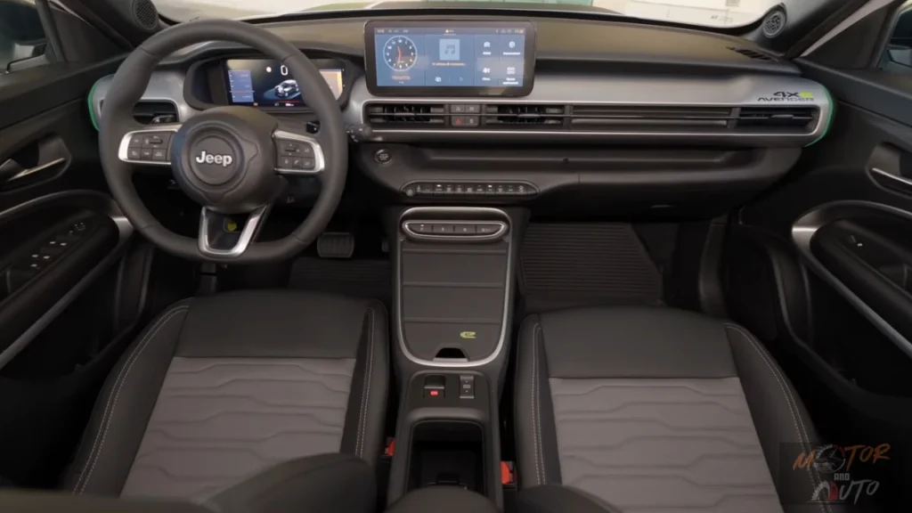 Volledig interieur zicht van 2025 Jeep Avenger cabine toont voor- en achterbank, middenconsole met draadloos opladen en dashboard configuratie