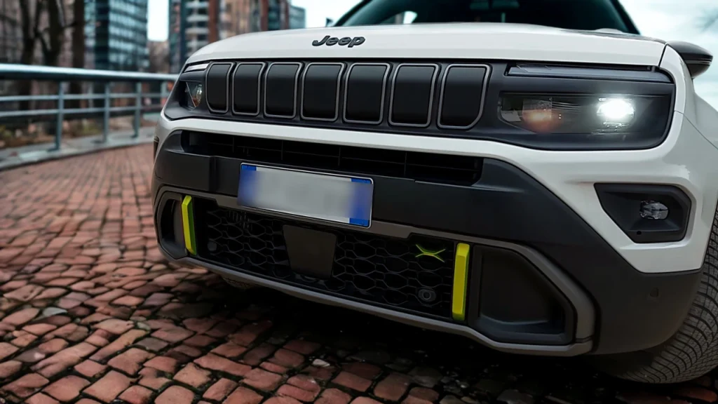 Gedetailleerd vooraanzicht van 2025 Jeep Avenger toont iconische zeven-slot grille, LED koplampen en gele accentdetails op voorbumper