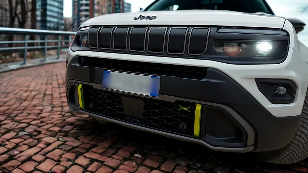 Gedetailleerd vooraanzicht van 2025 Jeep Avenger toont iconische zeven-slot grille, LED koplampen en gele accentdetails op voorbumper