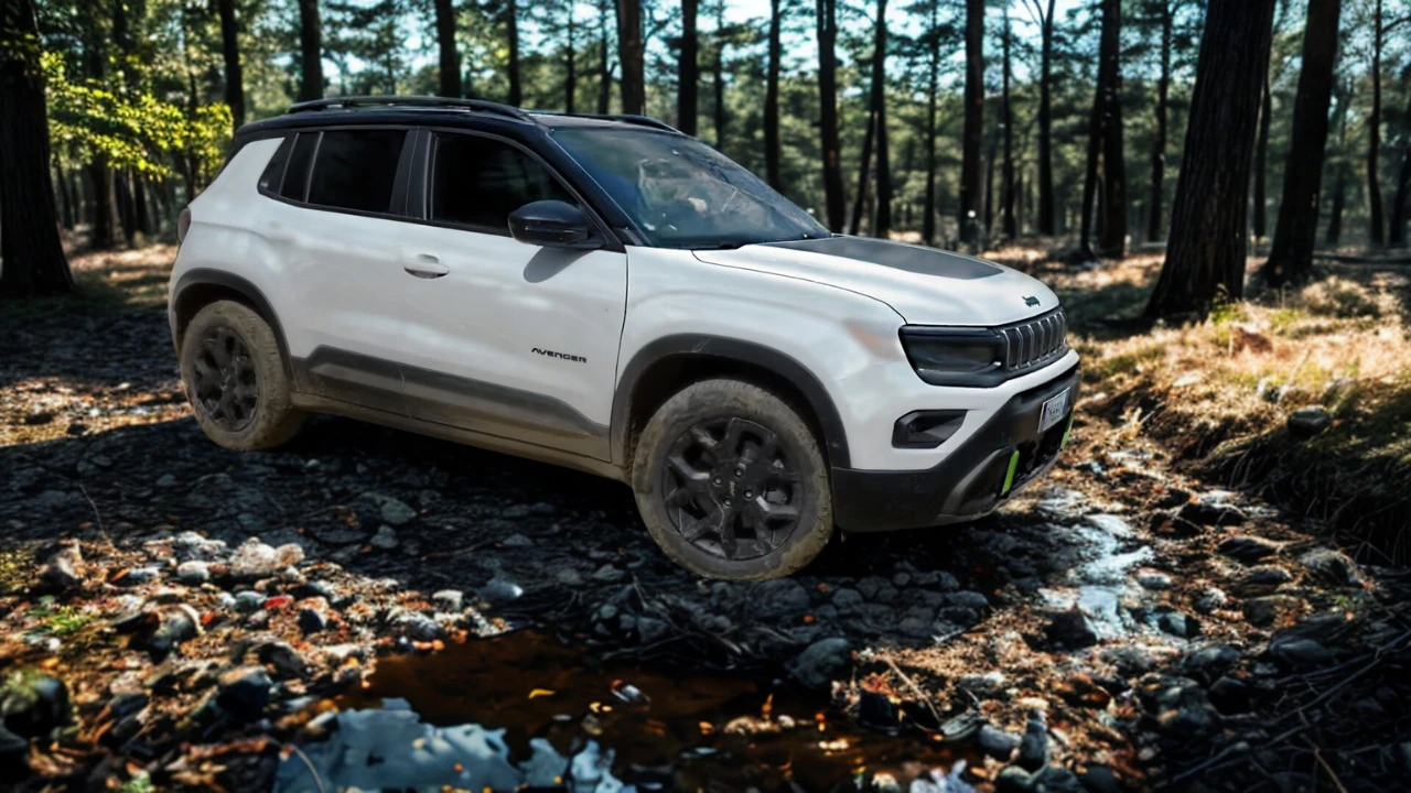 Witte 2025 Jeep Avenger compacte SUV navigeert rotsachtig bosterrein, toont off-road capaciteit met verhoogde bodemvrijheid en beschermende carrosseriebekleding