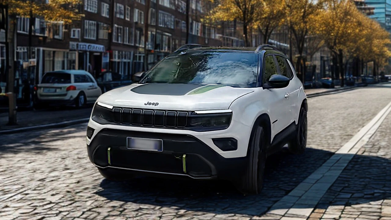 Witte 2025 Jeep Avenger gepositioneerd onder hoek op stadsstraat toont compacte afmetingen ideaal voor stedelijk parkeren en navigatie