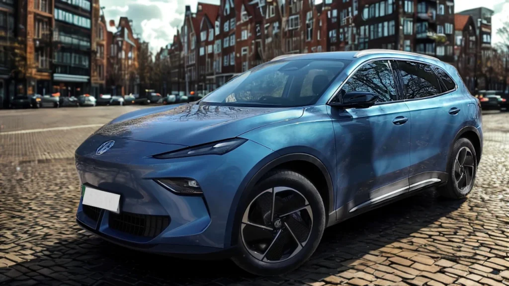 2025 MG S5 EV Zijaanzicht in Piccadilly Blauw