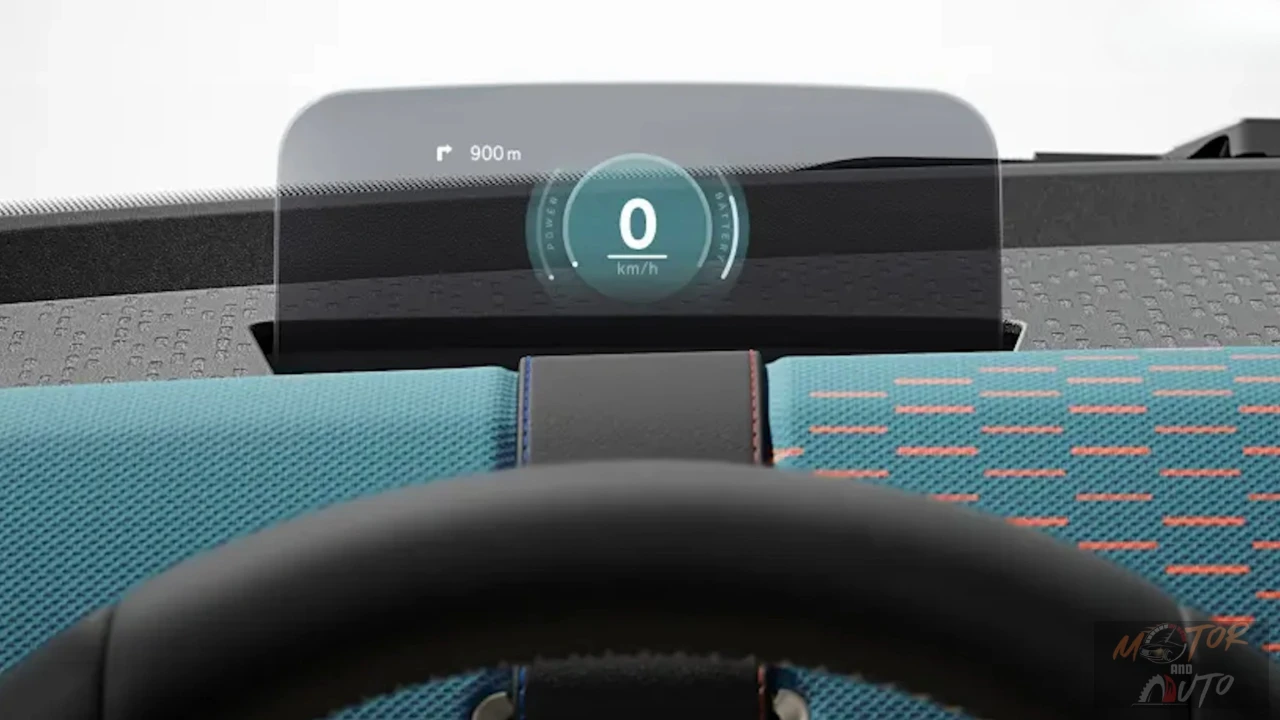 Mini Aceman head-up display projecteert snelheidsweergave van 0 km/u en richting informatie op de voorruit boven het blauwe stof dashboard