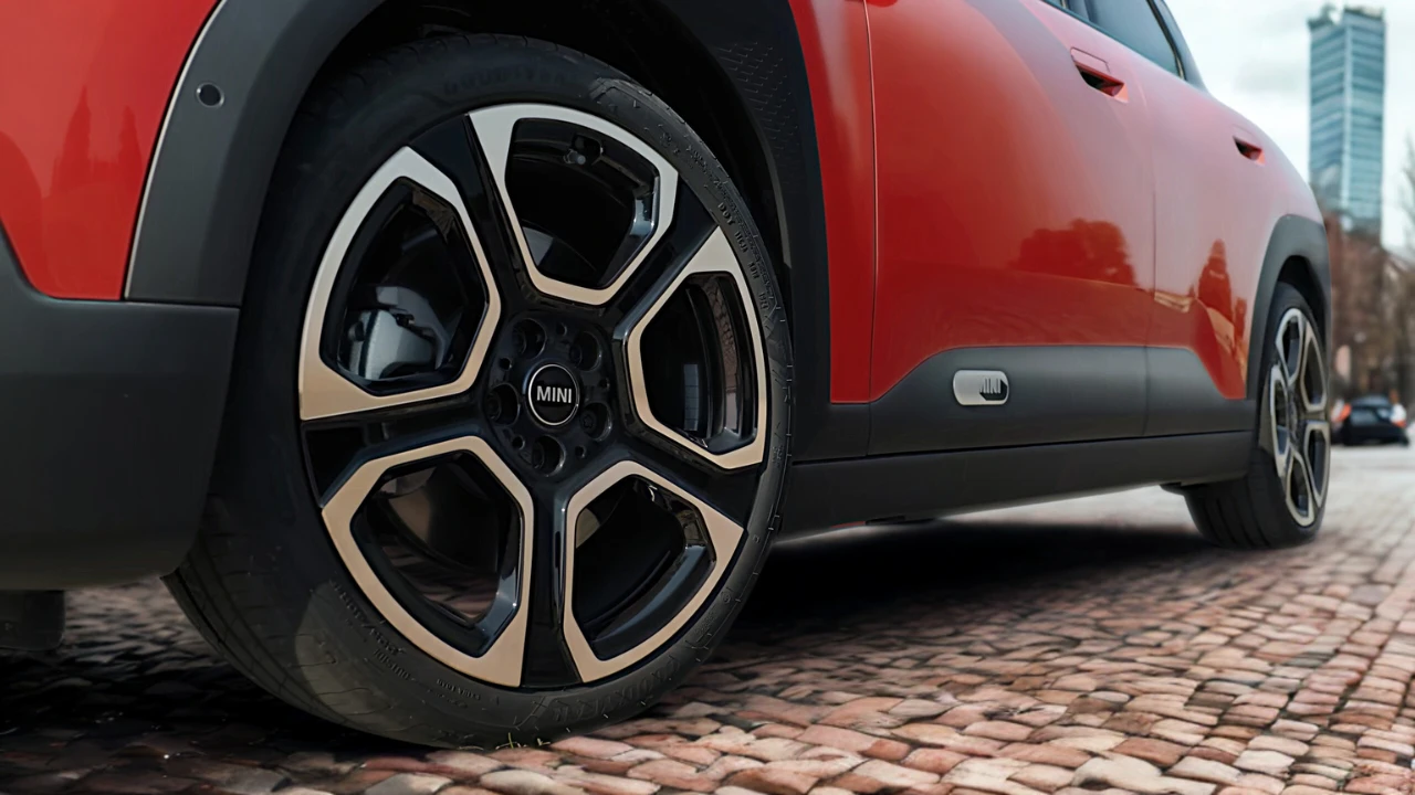 Gedetailleerd zicht van Mini Aceman lichtmetalen velg met geometrisch spakenontwerp, Mini-naafkap, zwarte en zilveren afwerking, gemonteerd op rode elektrische crossover met beschermende carrosseriebescherming