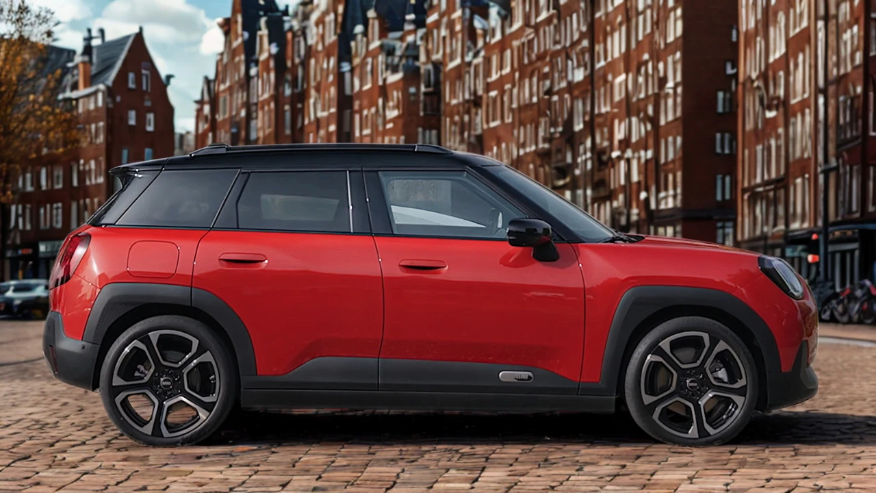 Profielzicht van rode Mini Aceman met crossover carrosseriestijl, vijf deuren, zwart contrastdak, wielkasbescherming en compacte SUV-proporties op bakstenenstraat