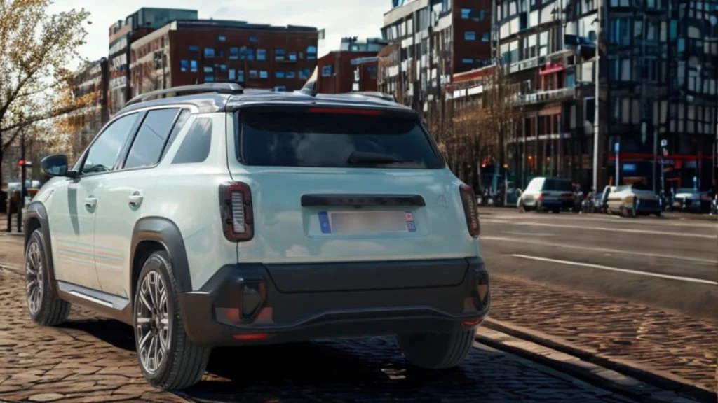 Achteraanzicht van de lichtblauwe 2025 Renault 4 E-Tech Electric met zijn kenmerkende driedelige LED-achterlichten en aflopend achterontwerp