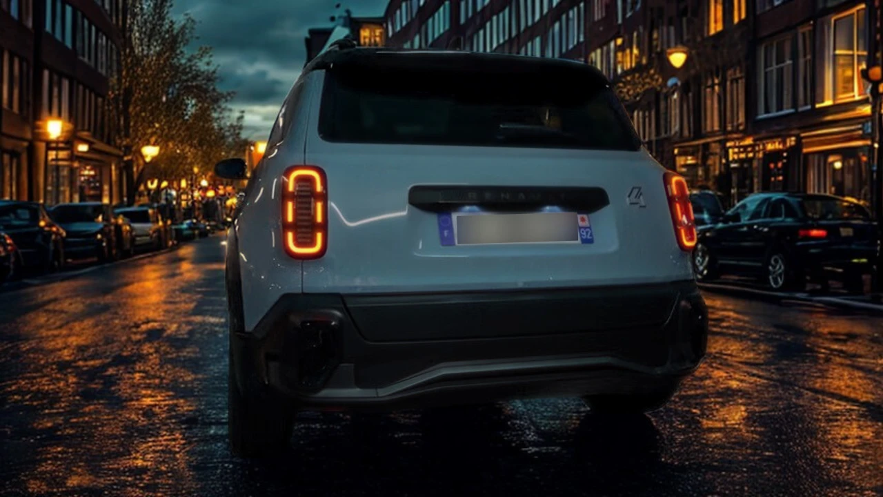 Detailopname van de verlichte driedelige LED-achterlichten van de 2025 Renault 4 E-Tech Electric in het donker met hun unieke lichtsignatuur