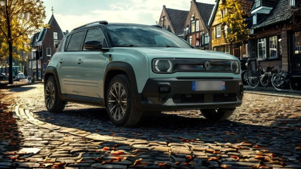 Driekwart aanzicht van de lichtblauwe 2025 Renault 4 E-Tech Electric met zijn 18-inch lichtmetalen velgen en kenmerkende carrosserie