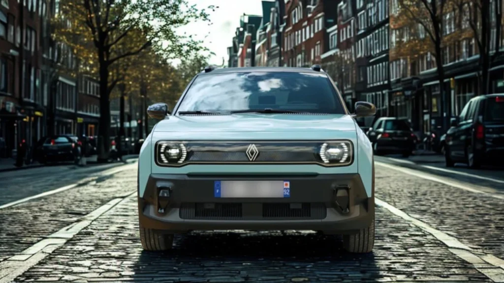 Vooraanzicht van de lichtblauwe 2025 Renault 4 E-Tech Electric op een kasseienstraat met kenmerkende LED-koplampen en verlicht Renault-logo