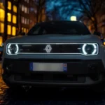Vooraanzicht in het donker van de 2025 Renault 4 E-Tech Electric met verlichte LED-koplampen en oplichtend Renault-logo op een natte straat