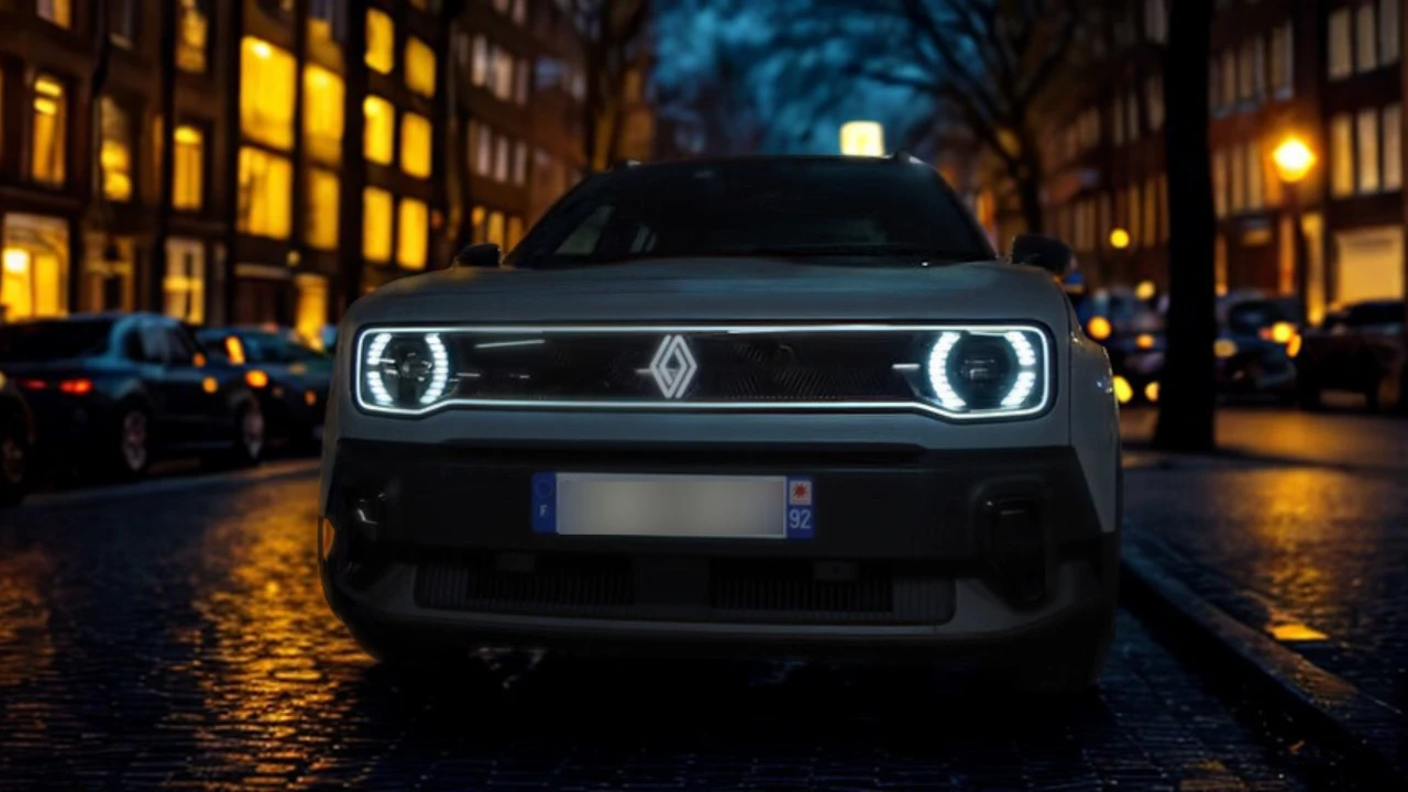 Vooraanzicht in het donker van de 2025 Renault 4 E-Tech Electric met verlichte LED-koplampen en oplichtend Renault-logo op een natte straat