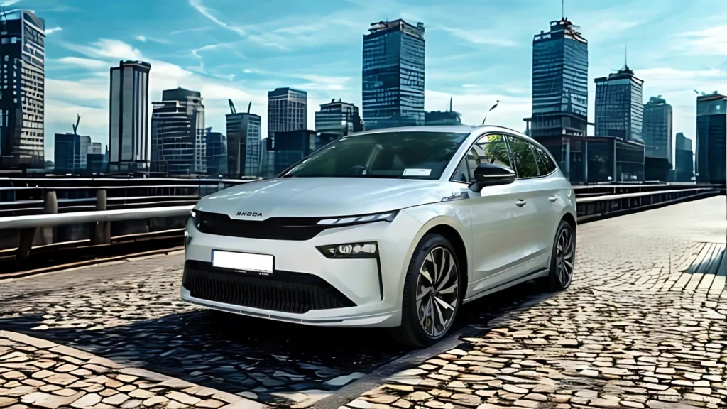 2025 Škoda Enyaq electric SUV three-quarter front view in white showing 20-inch alloy wheels, sleek SUV profile on urban bridge with city skyline background