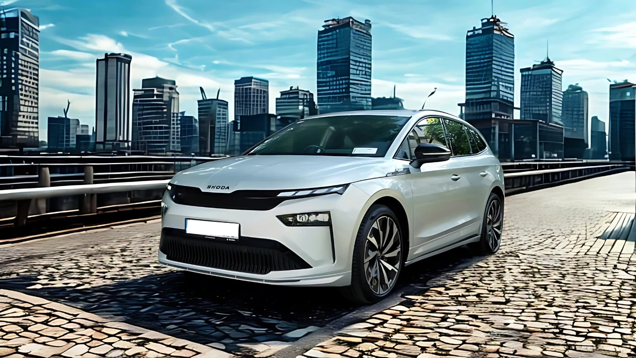 2025 Škoda Enyaq electric SUV three-quarter front view in white showing 20-inch alloy wheels, sleek SUV profile on urban bridge with city skyline background