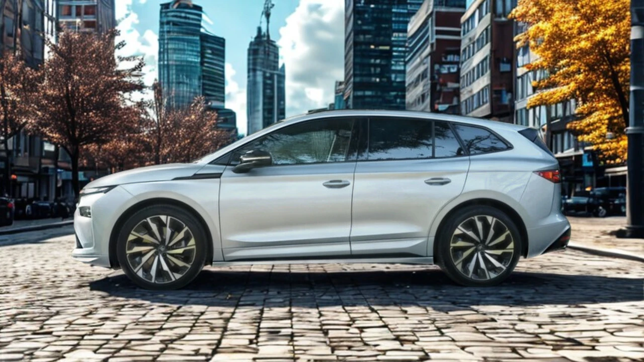 2025 Škoda Enyaq elektrische SUV zijprofiel in wit met complete voertuigverhoudingen en grote lichtmetalen velgen op kinderkopjes straat met herfstbomen en stedelijke gebouwen