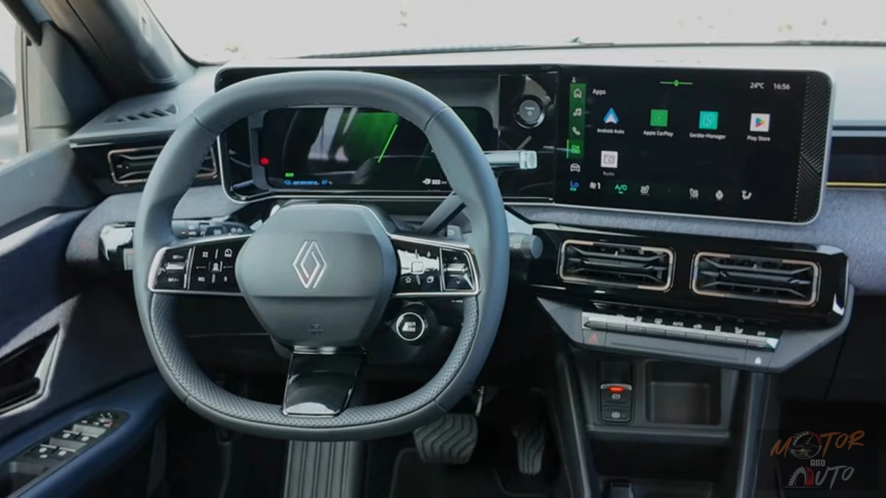 Gedetailleerd aanzicht van het dashboard van de 2025 Renault 4 E-Tech Electric met 10-inch digitaal instrumentenpaneel, 10-inch touchscreen met Google-interface en multifunctioneel stuurwiel